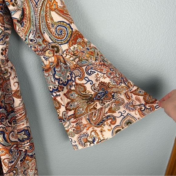 Paisley Orange and Blue Bell Sleeve Retro 70's Boho Mini Dress Women's Size M - Picture 3 of 8